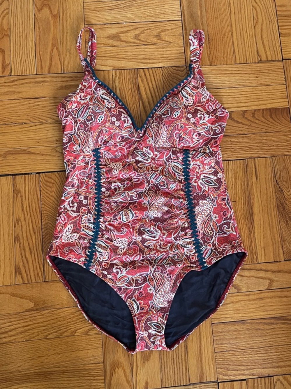 NWOT Sundance Red Paisley One-Piece Swimsuit with Dark Teal Trim